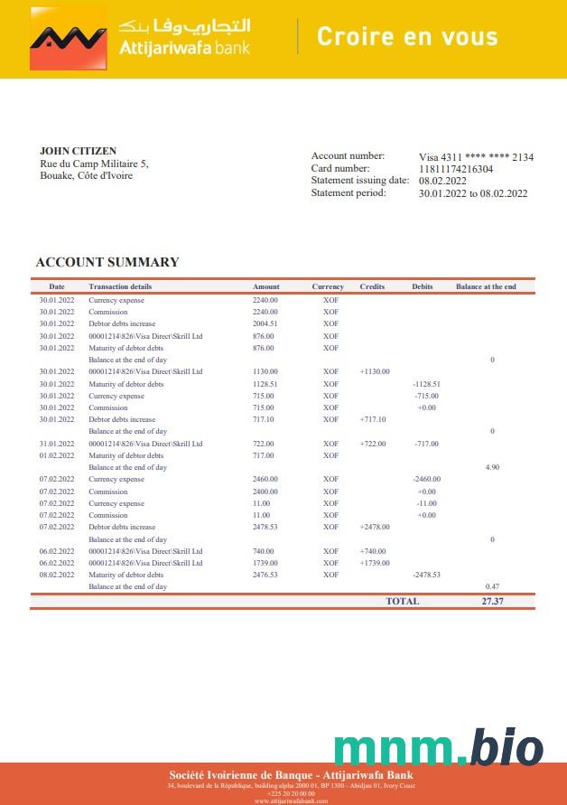 Cote d' Ivoire Attijariwafa Bank statement xls